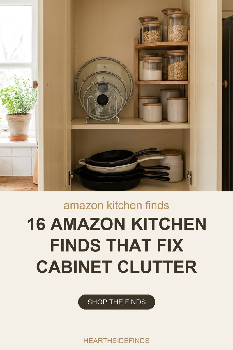 Photo of an open cream kitchen cabinet with pot lids standing upright in a wire rack, glass canisters of grains on a two-level wood shelf riser, and cast iron pans stacked on the shelf below