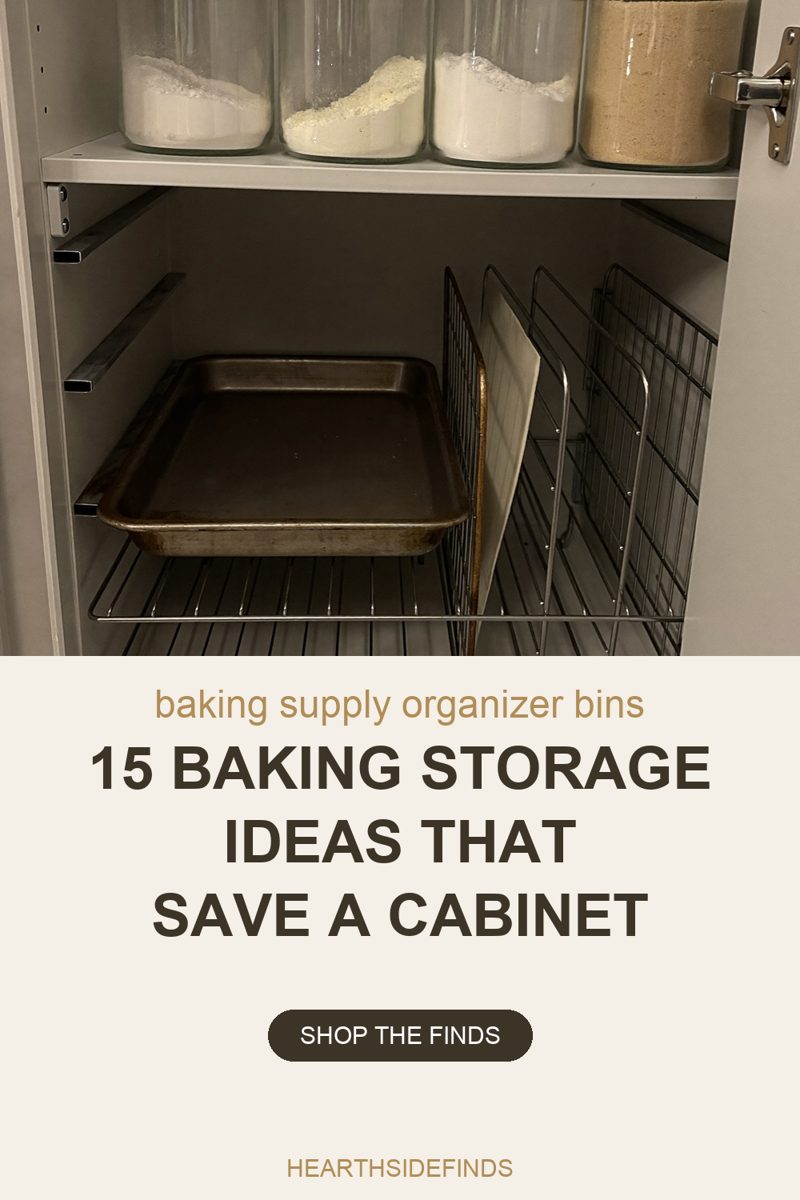 Photo into an open white cabinet. On the upper shelf four matching square-shouldered clear glass jars stand in a row, their lids cut off by the top of the frame: three hold white powder and the fourth holds pale tan sugar. On the shelf below, a tarnished dark metal sheet pan lies flat on the upper tier of a two-tier chrome wire rack, with the lower tier empty beneath it. To the right of the pan a pale board stands on edge in one of the rack's upright wire slots, with two empty slots beside it. Three dark metal shelf-support rails are fixed to the left wall of the cabinet, and a silver hinge shows on the cabinet door at the right.