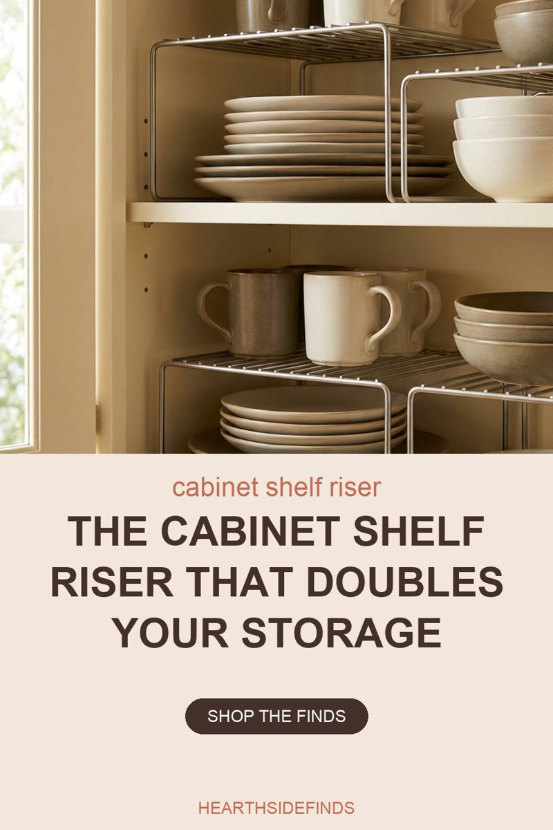 Photo looking into an open cream kitchen cabinet beside a window, where wire shelf risers lift rows of stoneware mugs above stacks of matching plates on two shelves, with a second riser at the right holding nested bowls over more plates