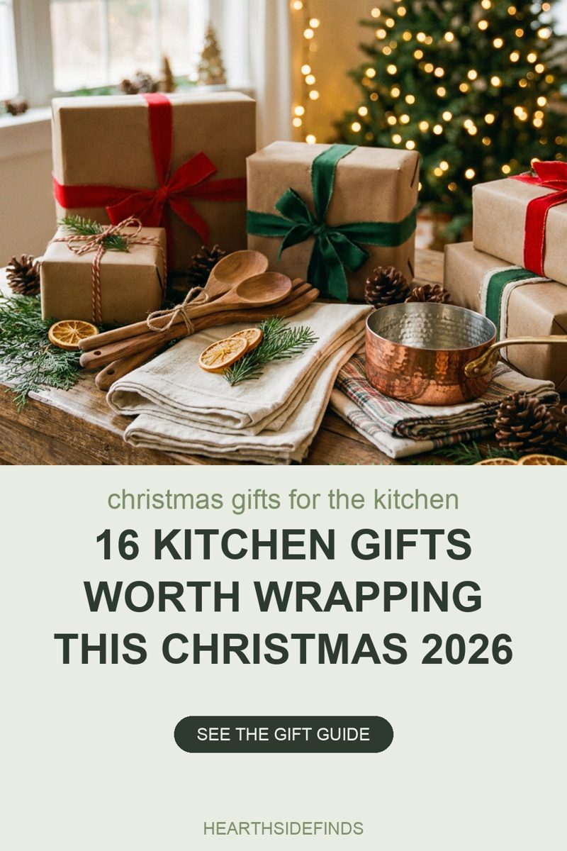 Photo of a rustic wood counter set with kraft-paper wrapped gift boxes tied in red and green ribbon, a bundle of wooden serving spoons bound with twine, folded linen napkins, a hammered copper saucepan on a plaid tea towel, dried orange slices, pinecones and evergreen sprigs, with a lit Christmas tree glowing behind