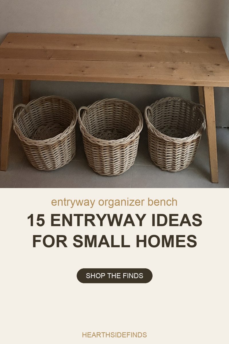 Photo of a plain wooden bench standing against a pale grey wall on grey floor tiles. The bench top runs the full width of the frame on square tapered legs, and three round woven wicker baskets with looped side handles sit in a row on the floor in the gap underneath it, all three empty with their open tops facing up. A narrow strip of bare wall shows above the bench.