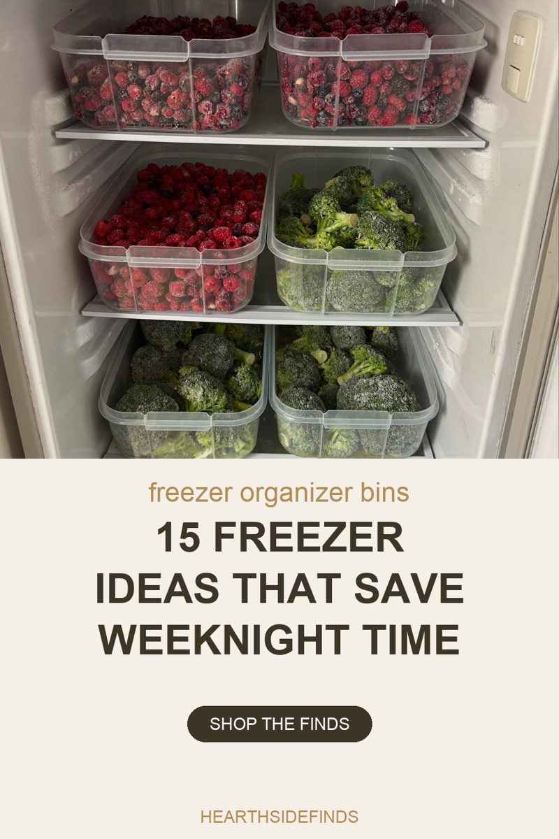 Photo looking into an open upright freezer with three white shelves, each holding two clear rectangular bins: two bins of mixed frozen raspberries and blackberries on the top shelf with their rims cut off by the top edge of the frame, a bin of frozen raspberries beside a bin of frozen broccoli florets on the middle shelf, and two more bins of frozen broccoli on the bottom shelf, their lower halves cut off by the bottom edge of the frame, with the pale ribbed freezer walls either side and a small pale control plate high on the right wall