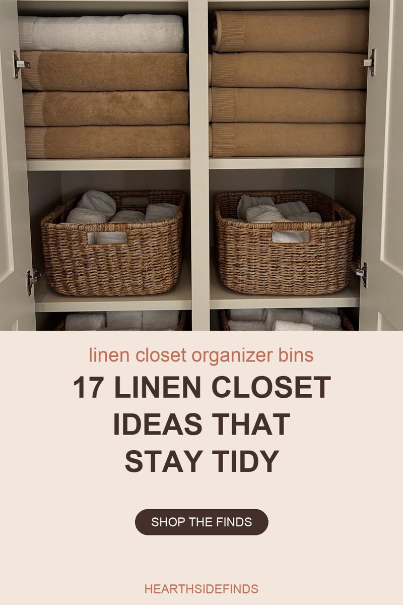 Photo of an open cream linen closet split into two bays: the upper shelf holds rolled and folded towels in white and tan, the middle shelf holds two woven seagrass baskets with cut-out handles filled with white washcloths, and the shelf below shows a row of folded white towels running out of the bottom of the frame