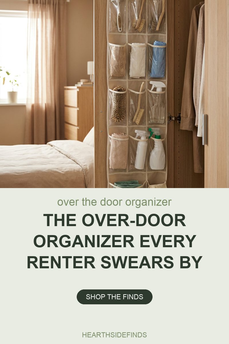 Photo of a fabric over-the-door organizer with clear pockets hanging on the inside of an open wood closet door, its rows holding wood-handled scrub brushes, folded tan, white and blue cloths, a round wood brush, two white plastic spray bottles and a folded towel, with a made bed, a wood dresser and a curtained window in the room behind and hanging clothes in the wardrobe at the right