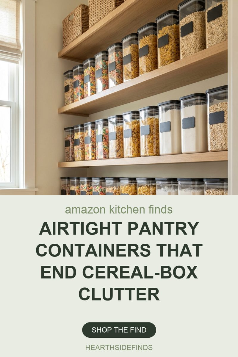 Photo of pantry shelves with matching airtight food storage containers, with headline text Airtight Pantry Containers That End Cereal-Box Clutter