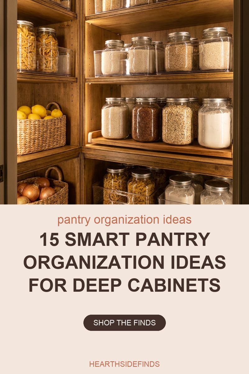Photo looking into a deep open wood pantry cabinet with bare wood shelves, holding clear pull-out bins and glass jars with plain metal lids: jars of penne pasta and grains in the bins on the upper and lower shelves, four large jars of pale rice, dark brown grain, golden lentils and white flour lined up on a wooden riser across the middle shelf, and two woven baskets on the shelves at the left holding lemons and brown onions