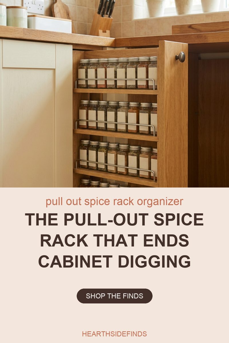 Photo of a narrow pull-out spice rack slid open from a wood base cabinet, holding rows of matching lidded spice jars standing upright on stacked wire-fronted tiers