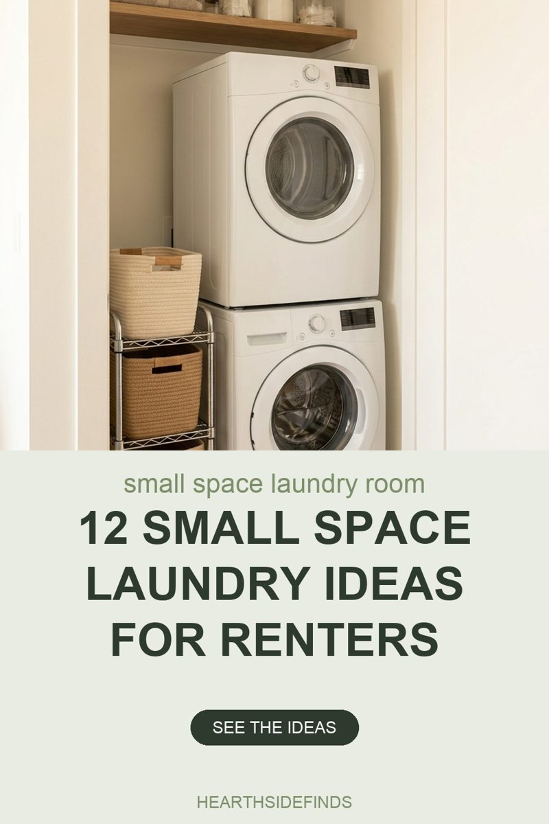 Photo of a stacked white washer and dryer in a narrow closet nook, with a slim rolling wire cart of woven storage baskets tucked into the gap beside them and a wood shelf mounted above the machines