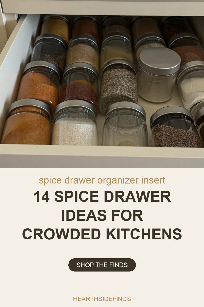 Photo looking down into an open cream kitchen drawer holding matching clear glass jars with plain silver lids, most lying on their sides in rows that step up toward the back of the drawer and one standing upright, filled with paprika, coarse salt, whole seeds and dark ground spices, the pale drawer front cutting across the bottom of the frame