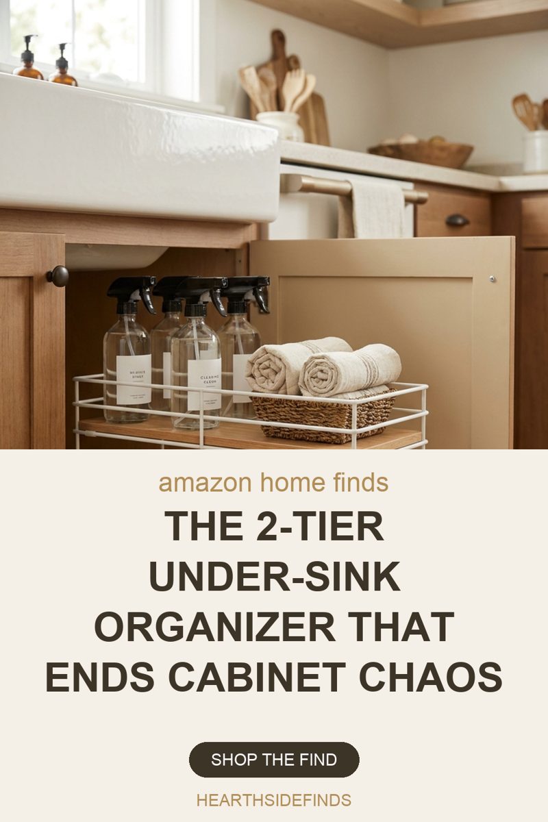 Photo of a tidy two-tier pull-out organizer inside an under-sink cabinet, with headline text The 2-Tier Under-Sink Organizer That Ends Cabinet Chaos